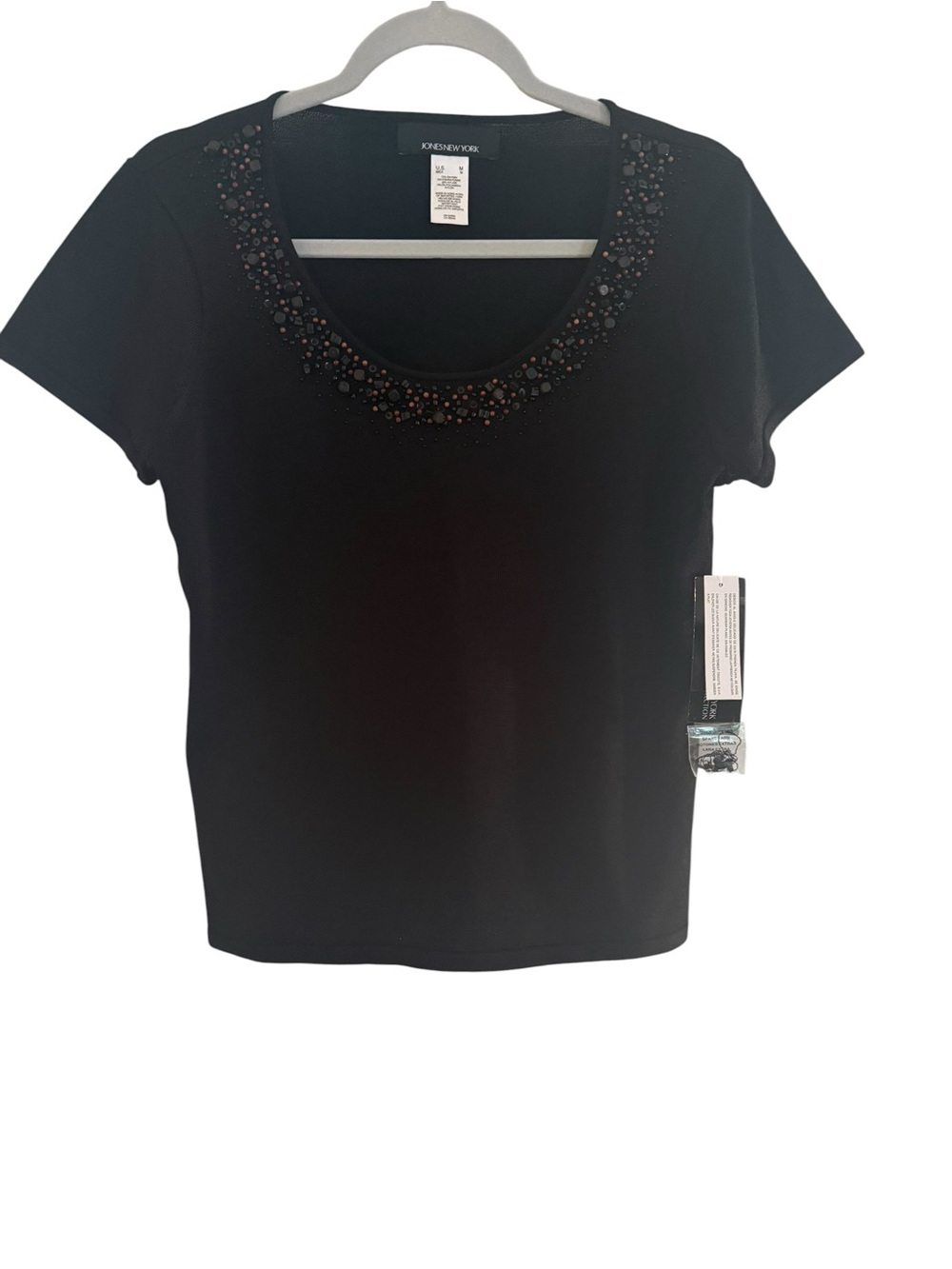 NWT Jones New York Beaded Neckline Black Knit blouse earthy boho workwear M